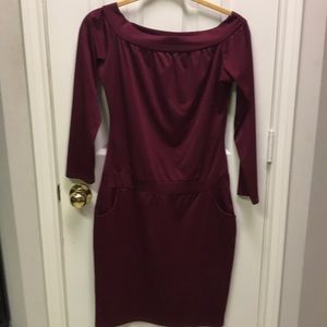 ACEVOG Wine fitted off the shoulder dress. Size L